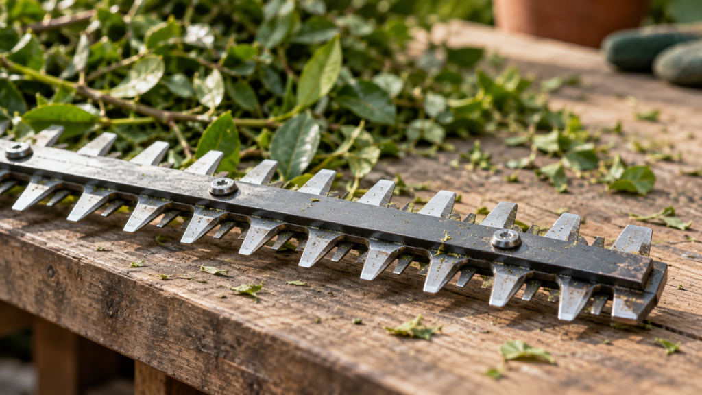 Hedge trimmer blade teeth resting beside cut leaves