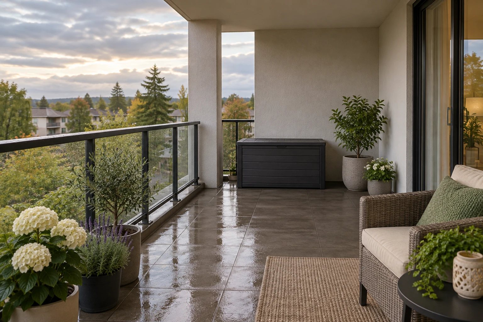 Closed outdoor storage box on a sheltered balcony with an unobstructed doorway