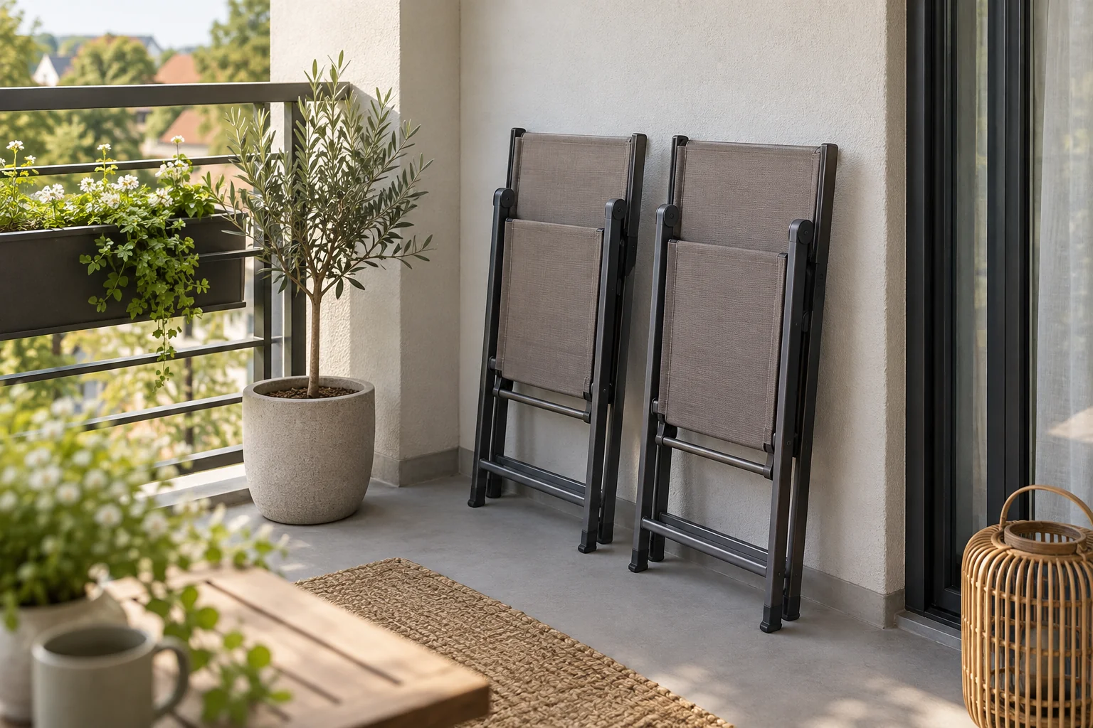 Two folded balcony chairs standing beside each other