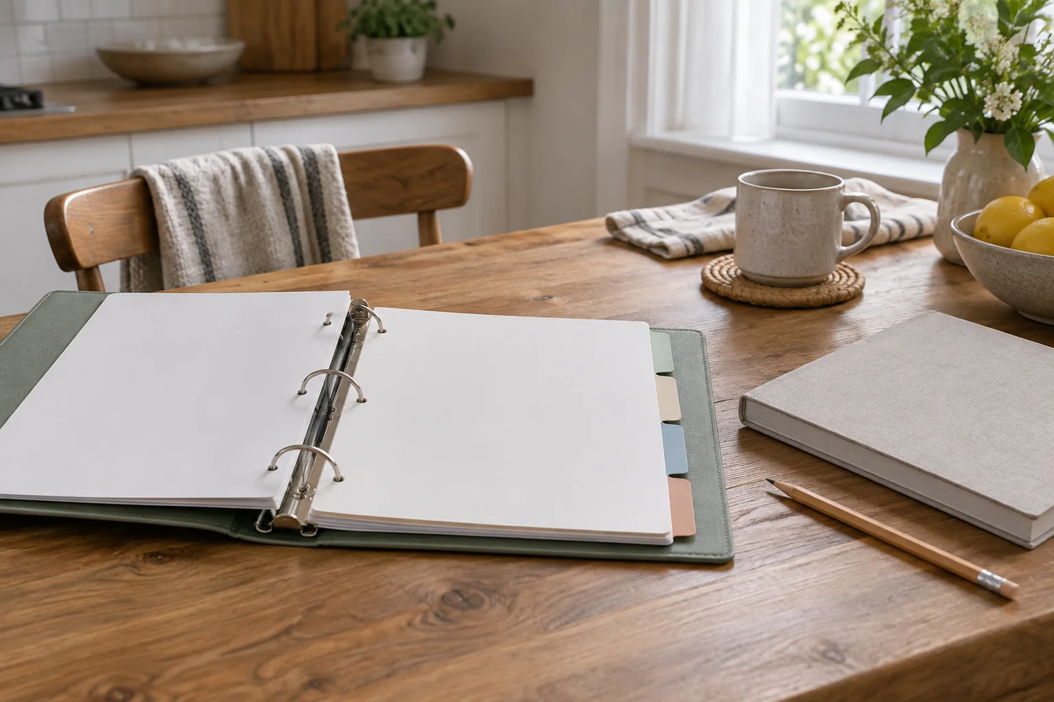 Open ring binder with blank dividers beside a plain manual and pencil