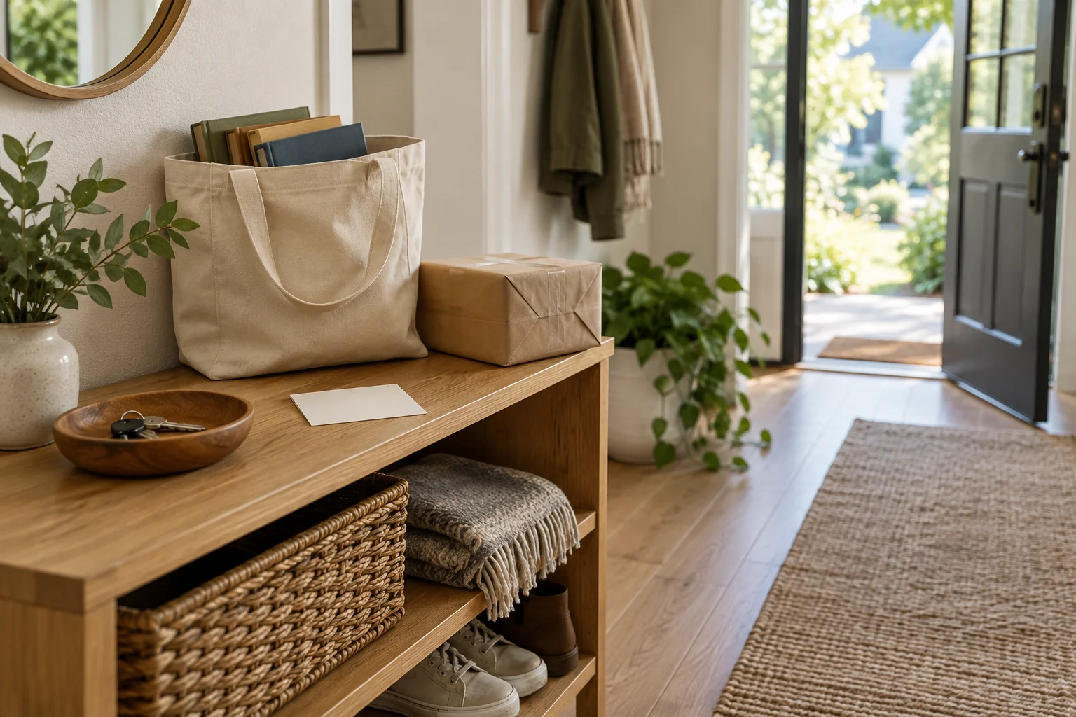 Book tote, plain parcel and blank card on an entryway shelf