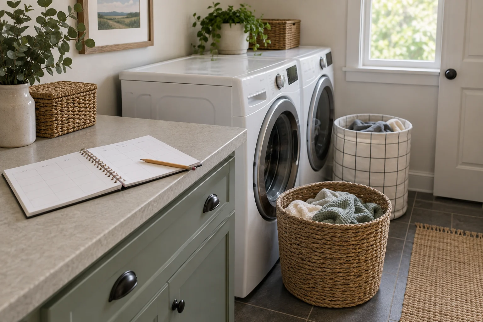 Shared laundry machines with baskets and a blank planner