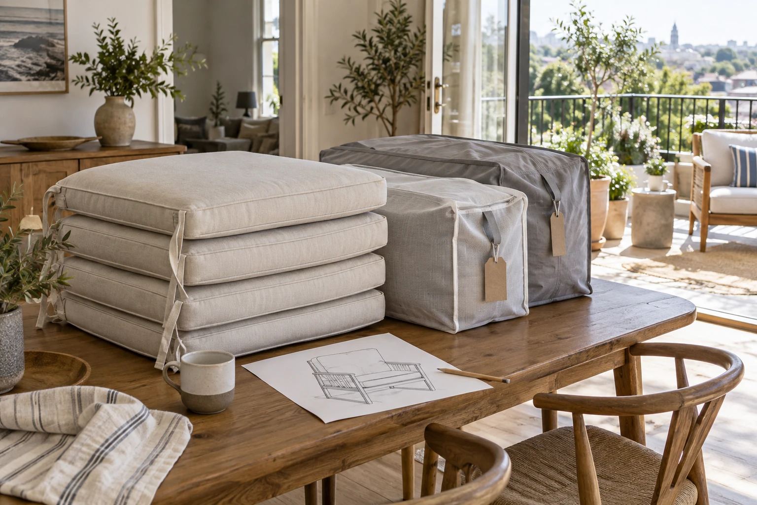 Dry balcony cushions beside labeled storage bags and a simple seating sketch