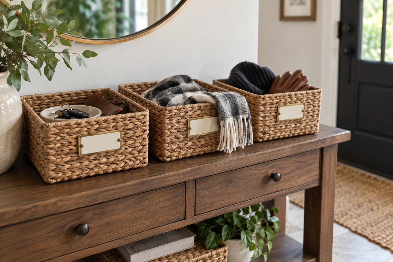 Entryway baskets with blank label holders beside keys and a scarf