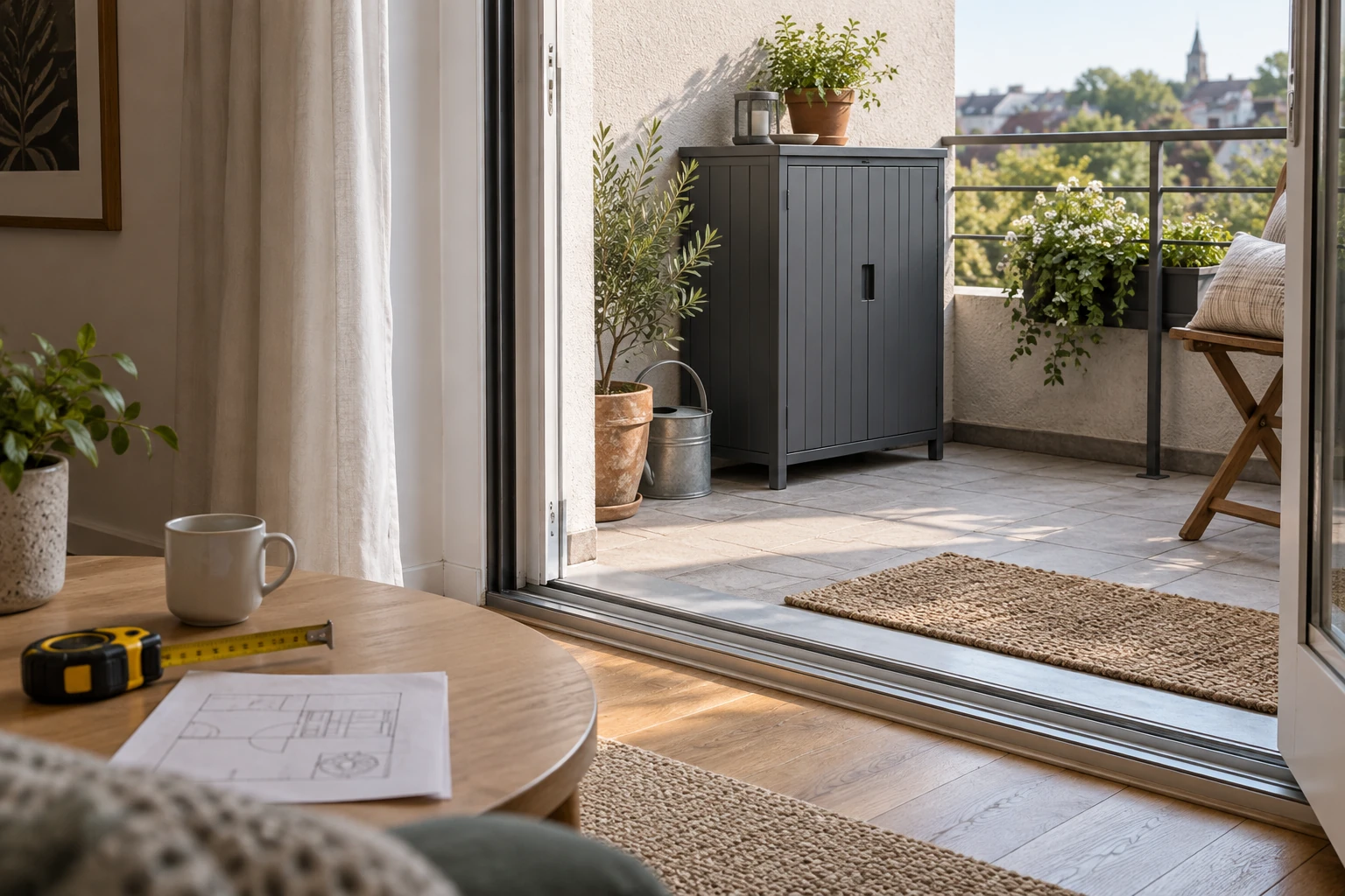 Open balcony doorway with a measuring tape, compact storage cabinet and paper route sketch