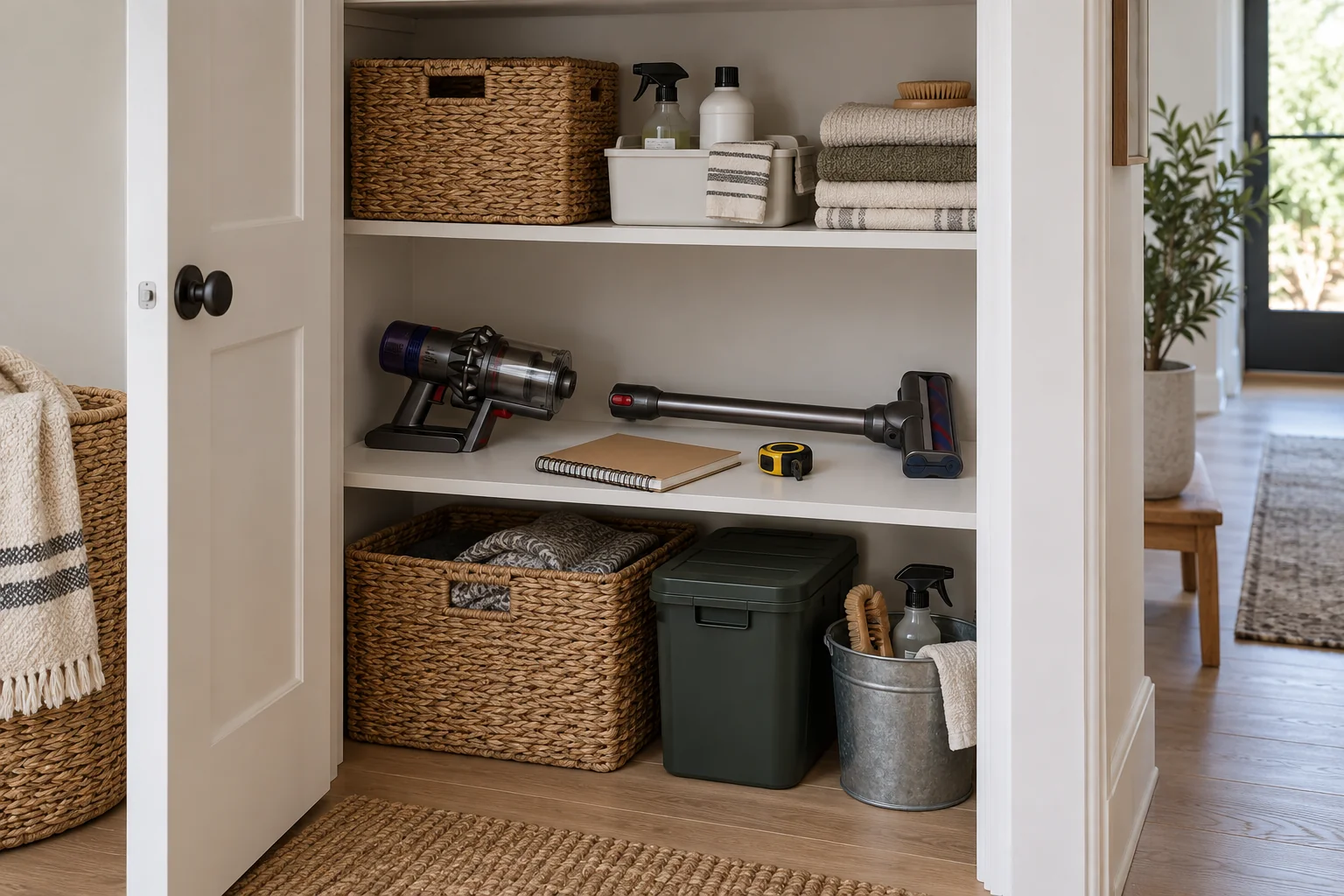 Detached cordless vacuum unit and separate wand on a low closet shelf