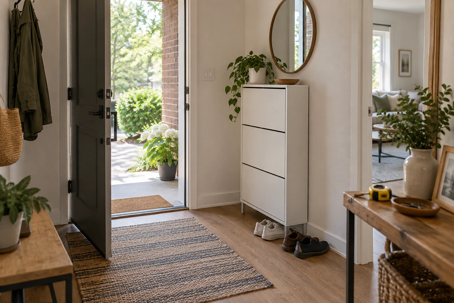 Apartment entryway with an open door and a slim shoe cabinet outside the door movement area