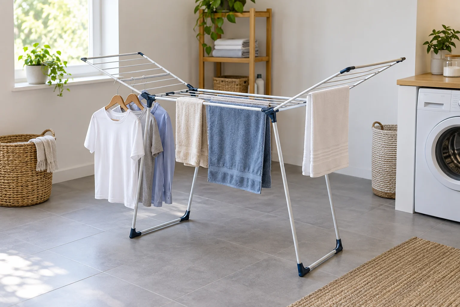 Drying rack holding shirts and towels with clear floor around it