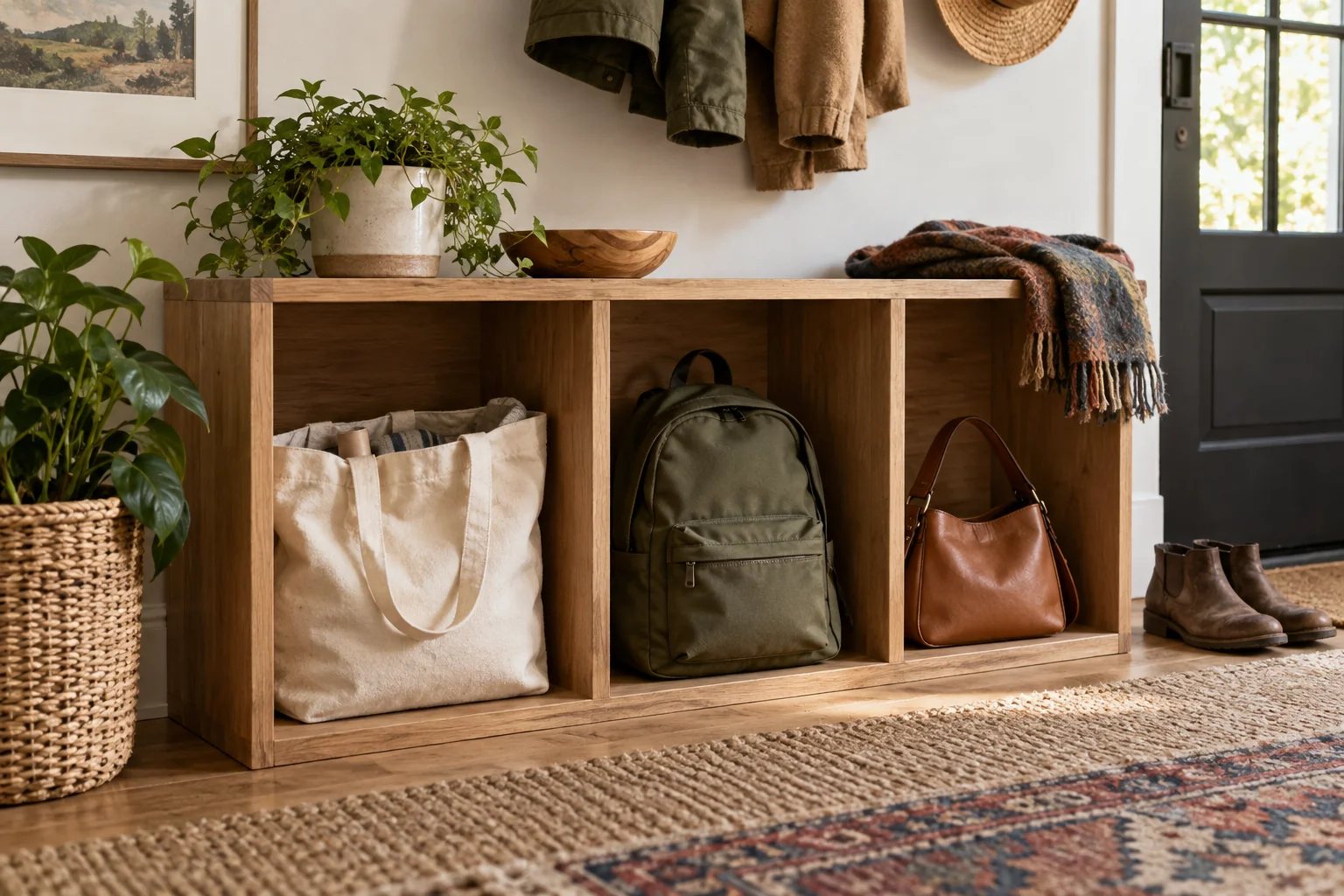 Three everyday bags in separate low storage compartments beside an apartment entrance