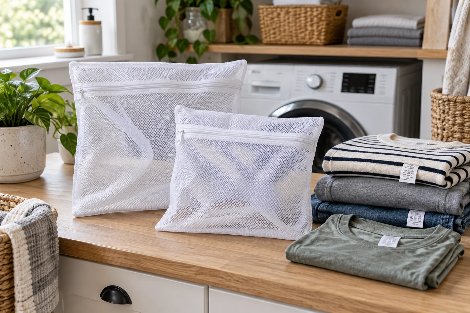 Two mesh laundry bags beside folded garments