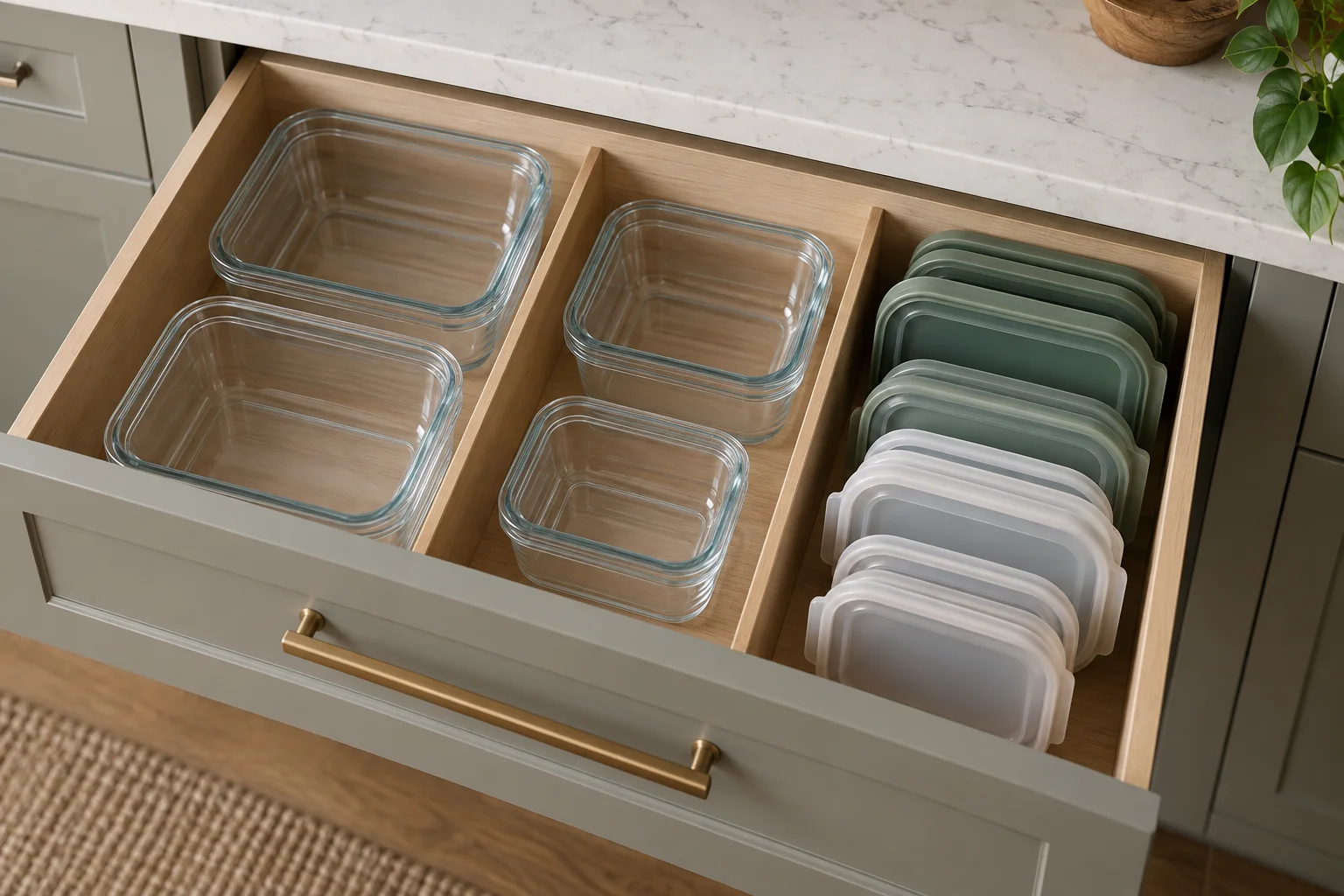 Empty rectangular food containers and separate lids arranged in a kitchen drawer