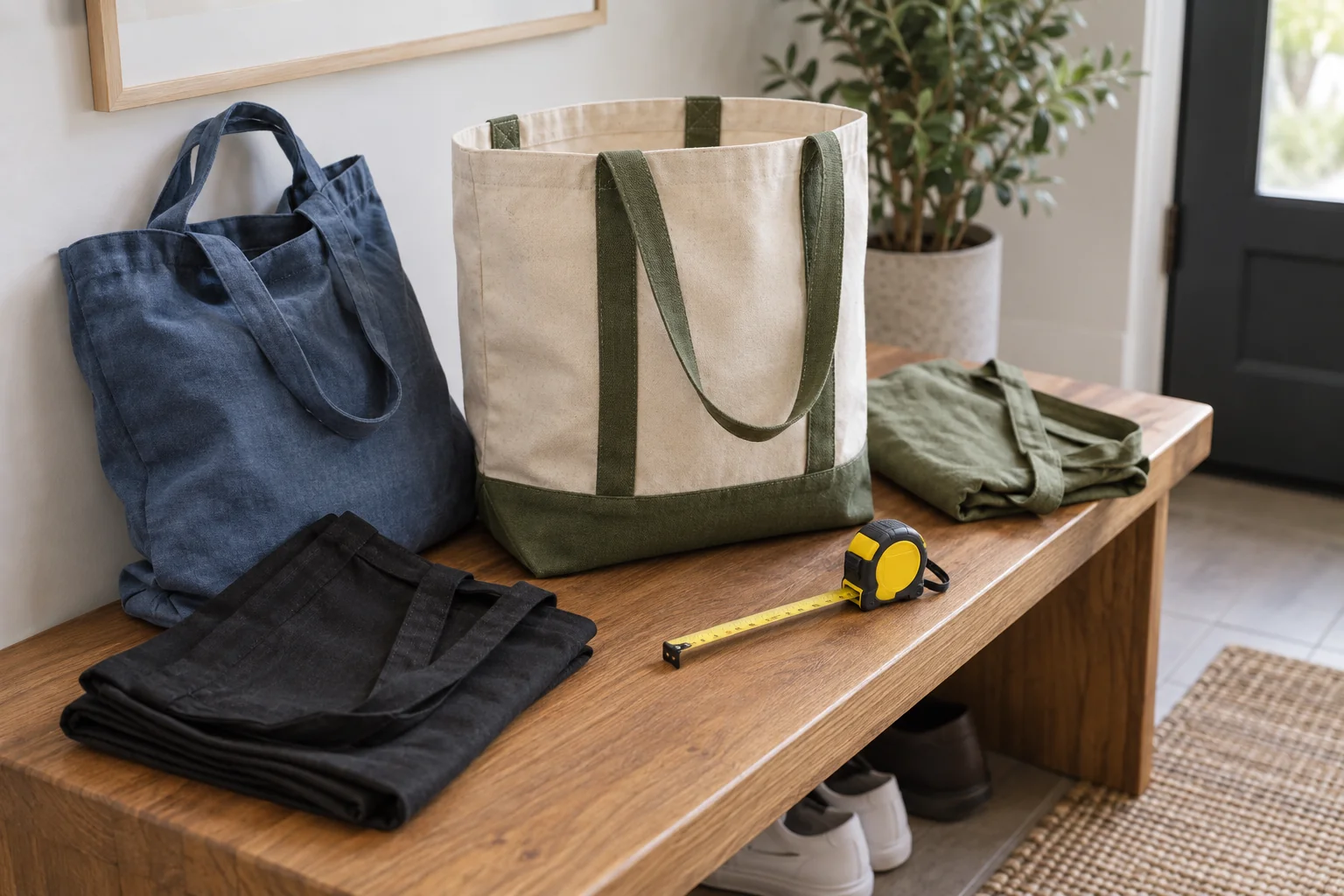 Reusable shopping bags in open and folded forms beside a tape measure