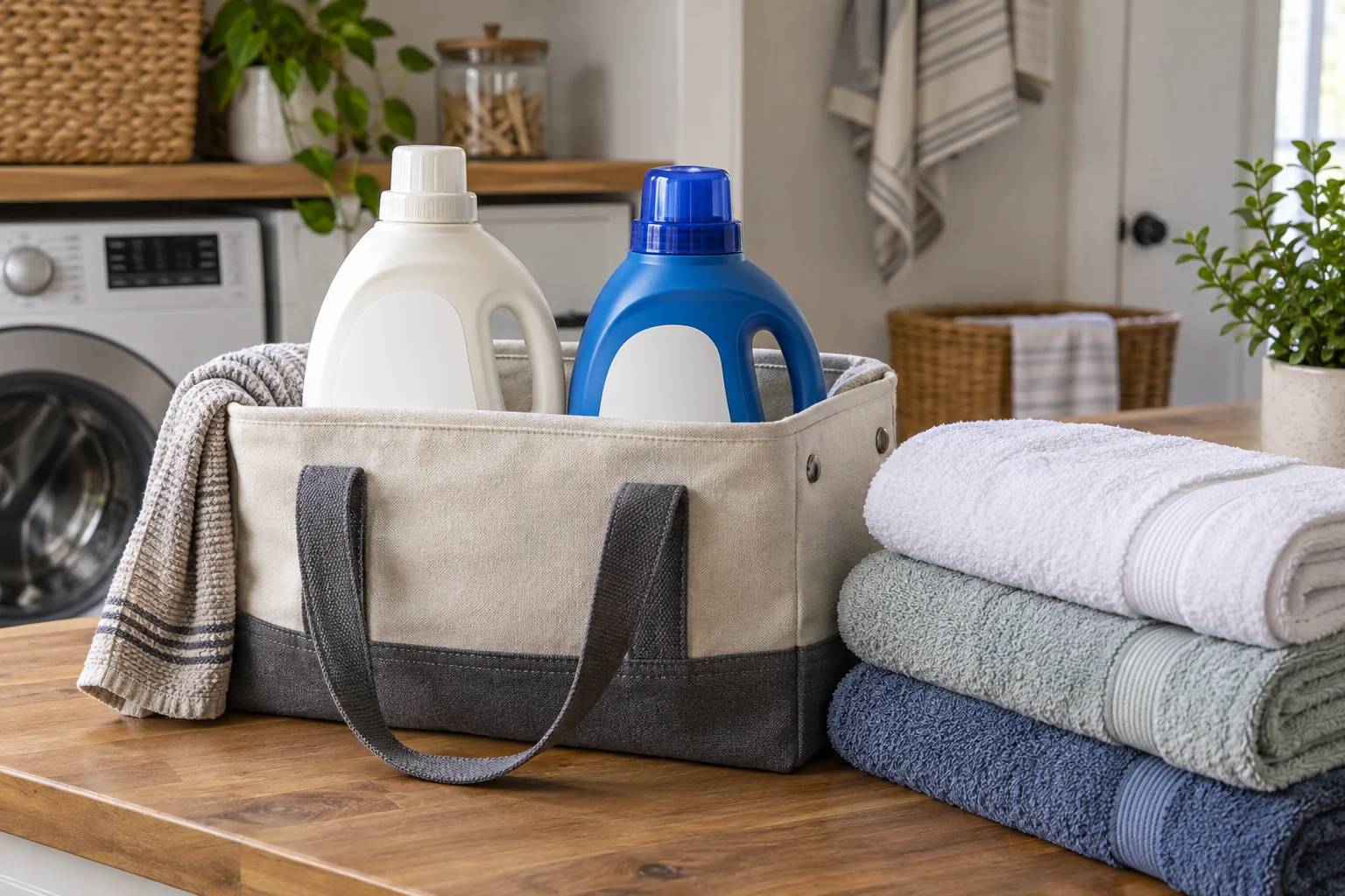 Portable tote holding closed laundry product containers