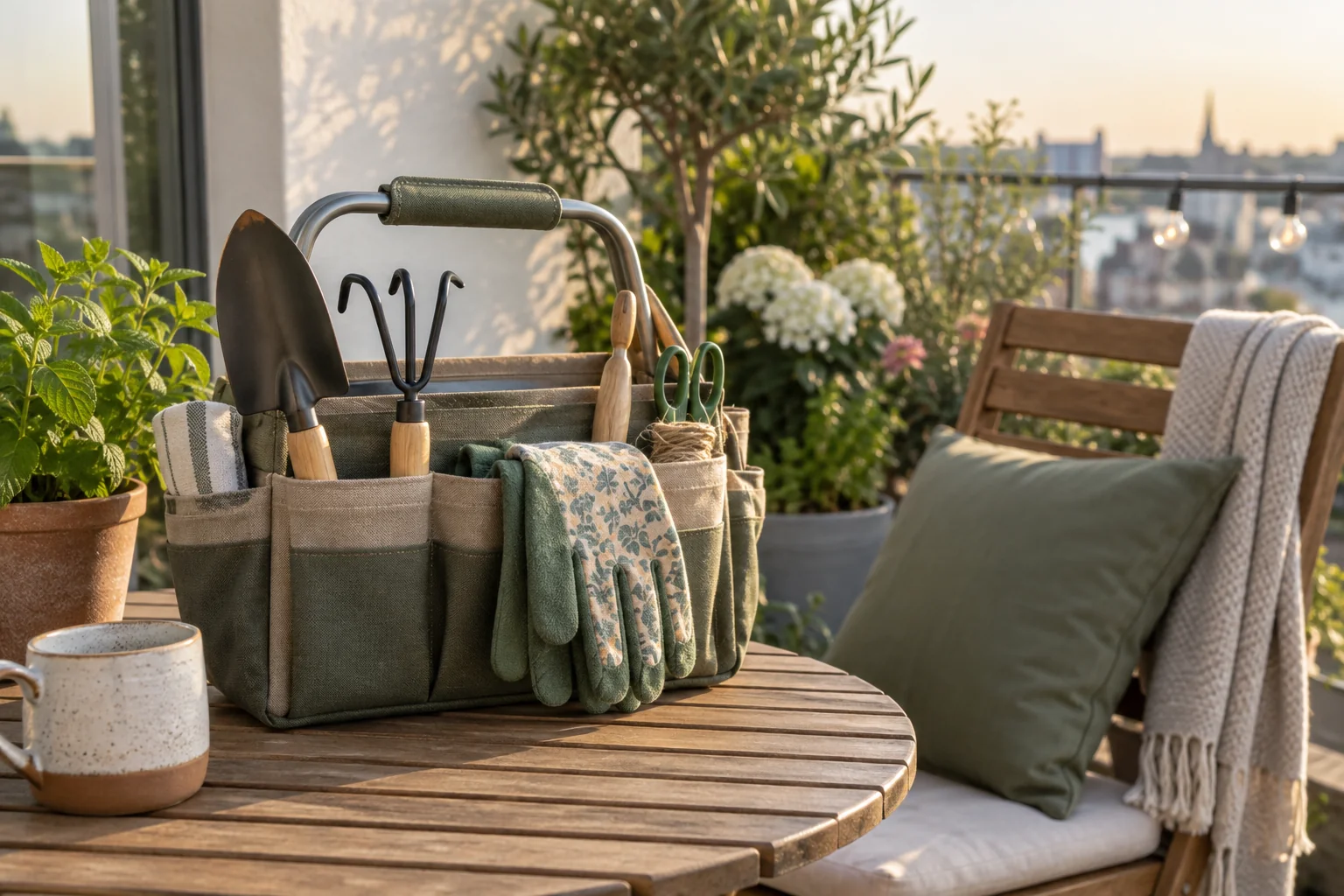 Fabric gardening tool tote and gloves on a balcony table