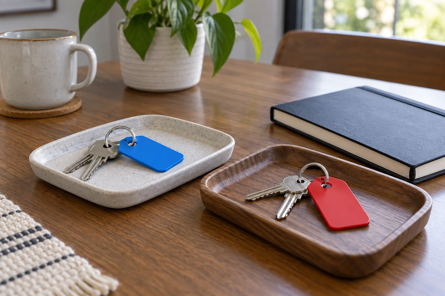 Separate keyrings with blank colored tags in small trays beside a notebook