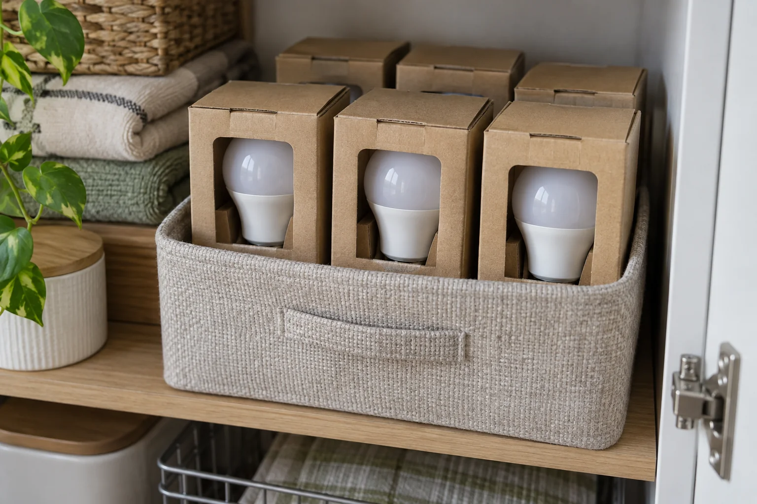 Packaged spare light bulbs arranged in a small storage box