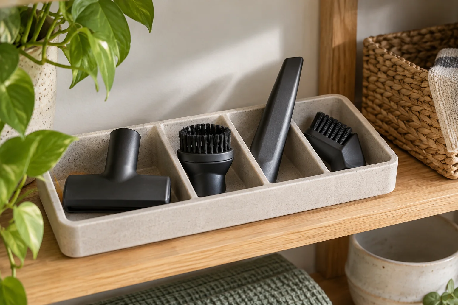 Vacuum crevice nozzle and brush attachments arranged in a divided tray