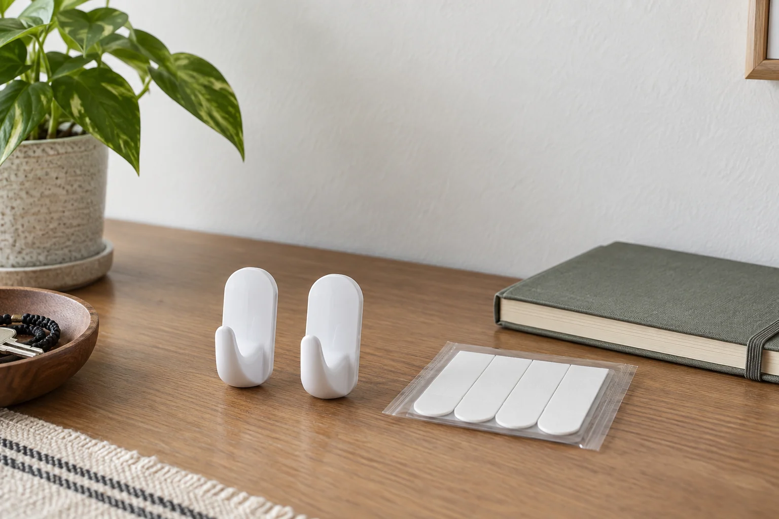 Unused white adhesive hooks and plain strips beside a notebook