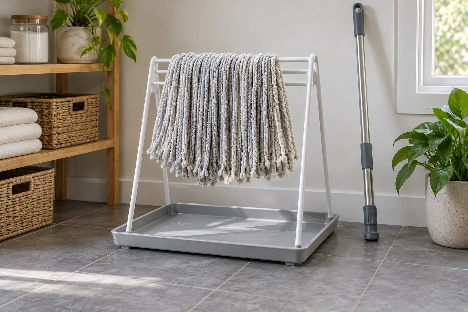 Cloth mop head on a drying rack above a drip tray with a separate handle