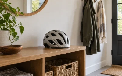 Store Bike Helmets Near an Apartment Door