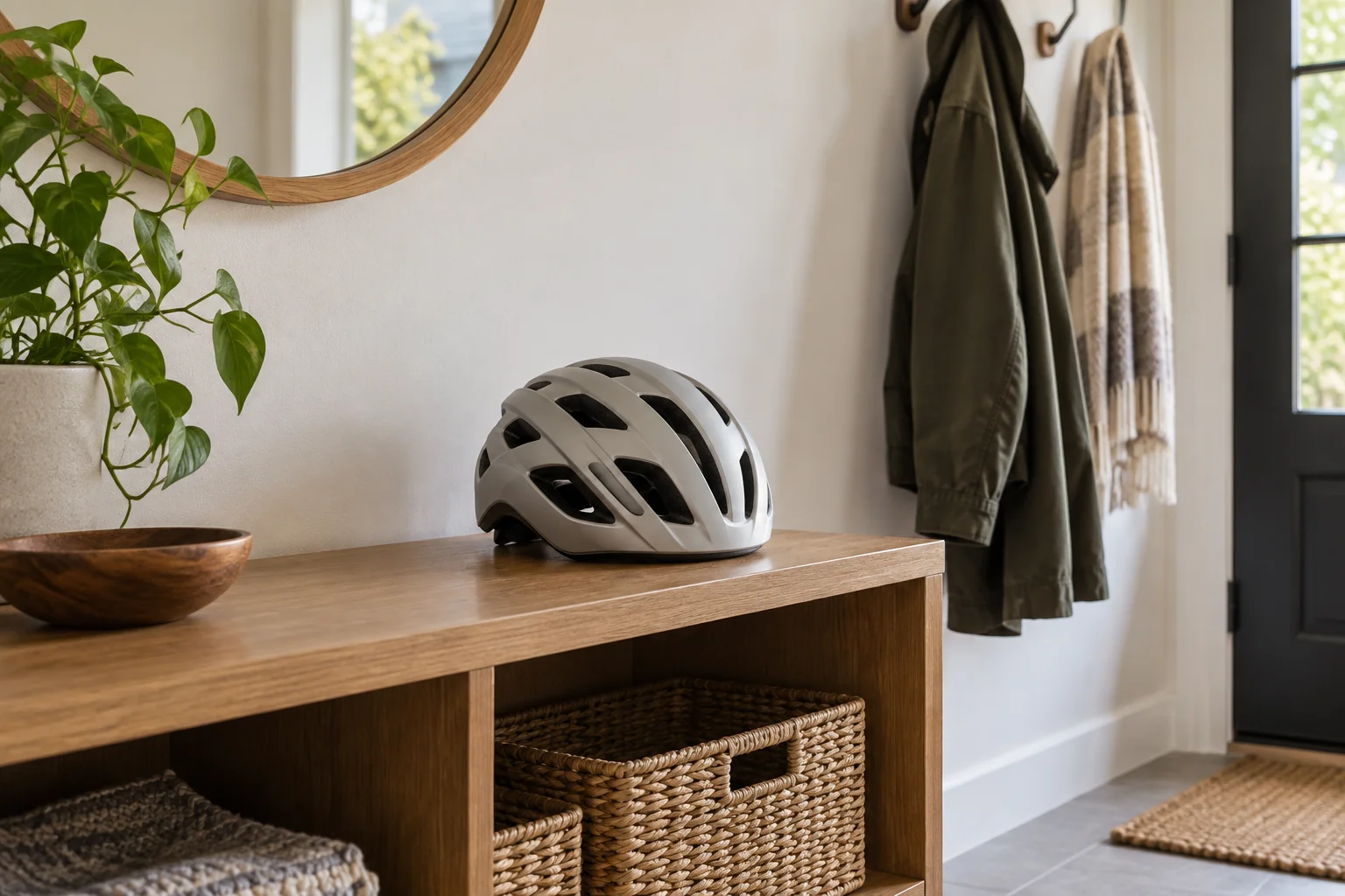 Bicycle helmet resting on an open indoor entryway shelf