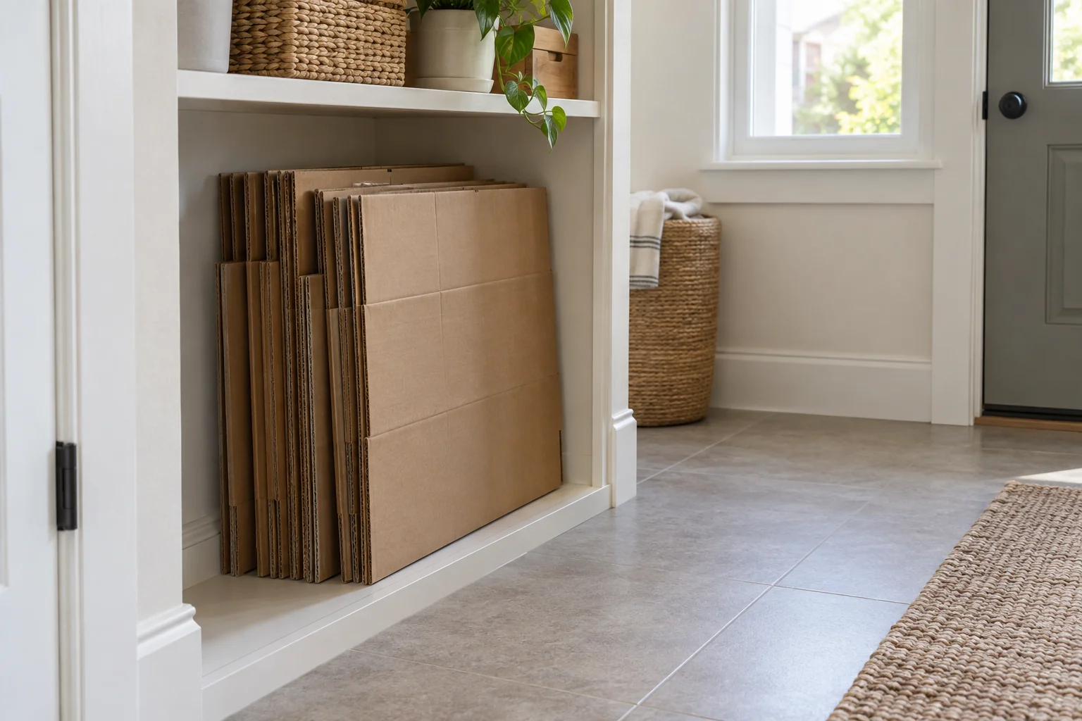 Flattened moving boxes stored inside a low open cubby